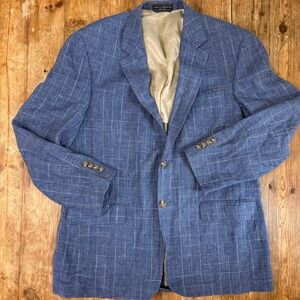 Haspel Mens Blue Tan Glen Plaid 100% Linen 2-Button Sport Coat Blazer 42R EUC